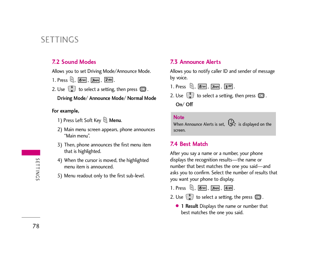 LG Electronics UX390 manual Sound Modes, Announce Alerts, Best Match, For example 