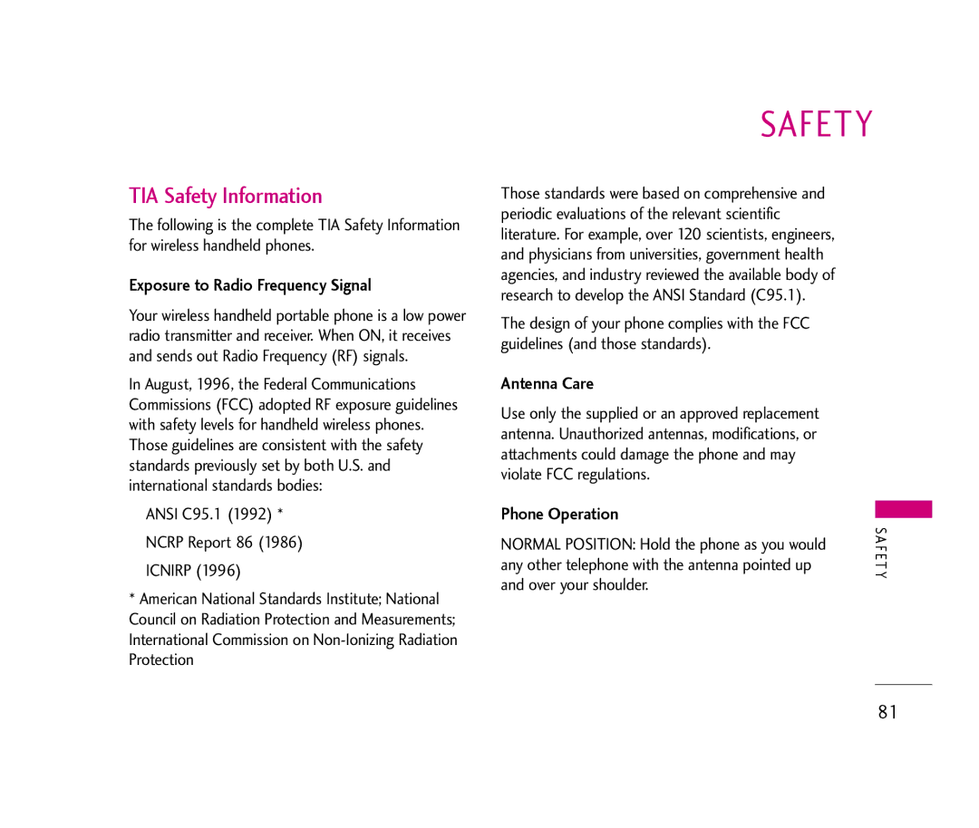 LG Electronics UX390 manual TIA Safety Information, Exposure to Radio Frequency Signal, Antenna Care, Phone Operation 