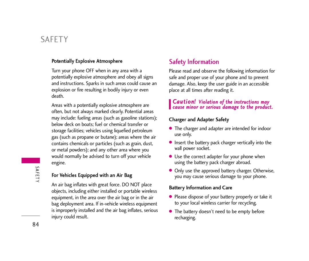 LG Electronics UX390 manual Safety Information, Potentially Explosive Atmosphere, For Vehicles Equipped with an Air Bag 