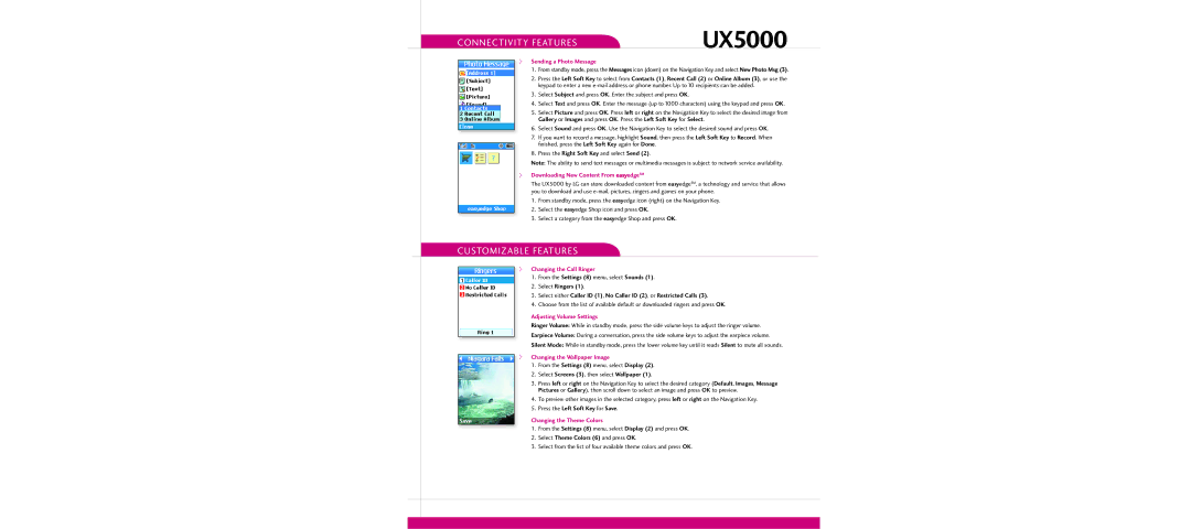 LG Electronics UX5000 warranty Connectivity Features, Customizable Features 