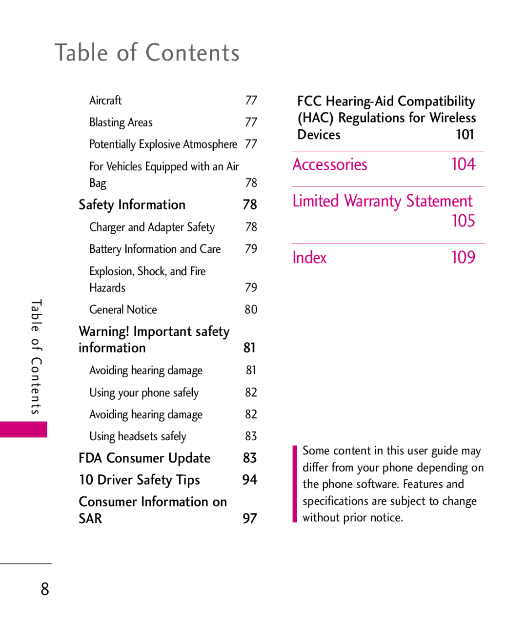 LG Electronics UX565 manual Accessories, 105, Index 109 