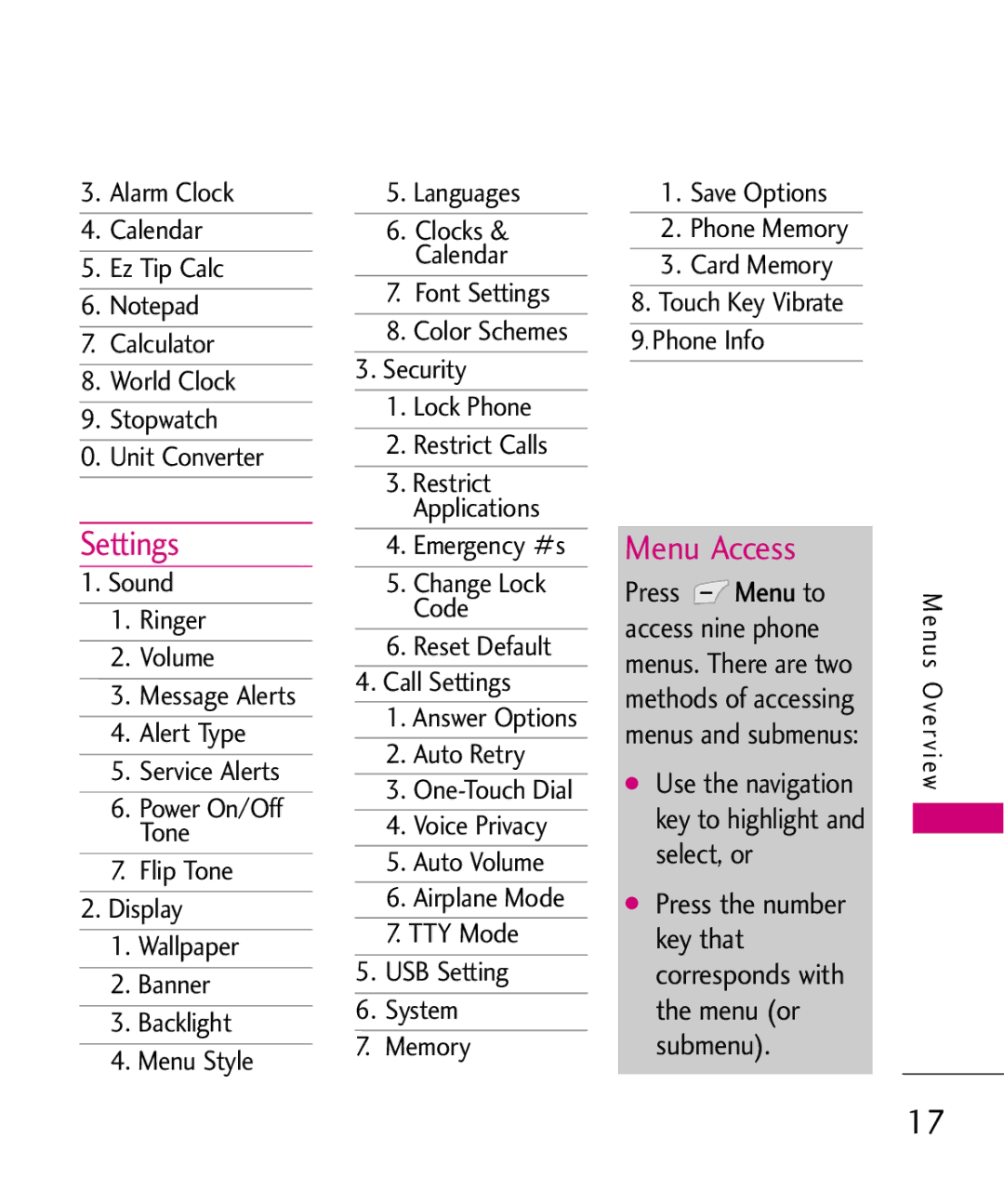 LG Electronics UX565 manual Settings, Menu Access 