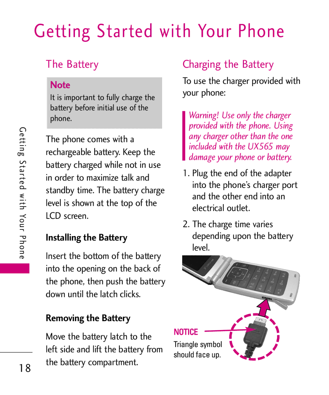 LG Electronics UX565 manual Getting Started with Your Phone, Installing the Battery, Removing the Battery 