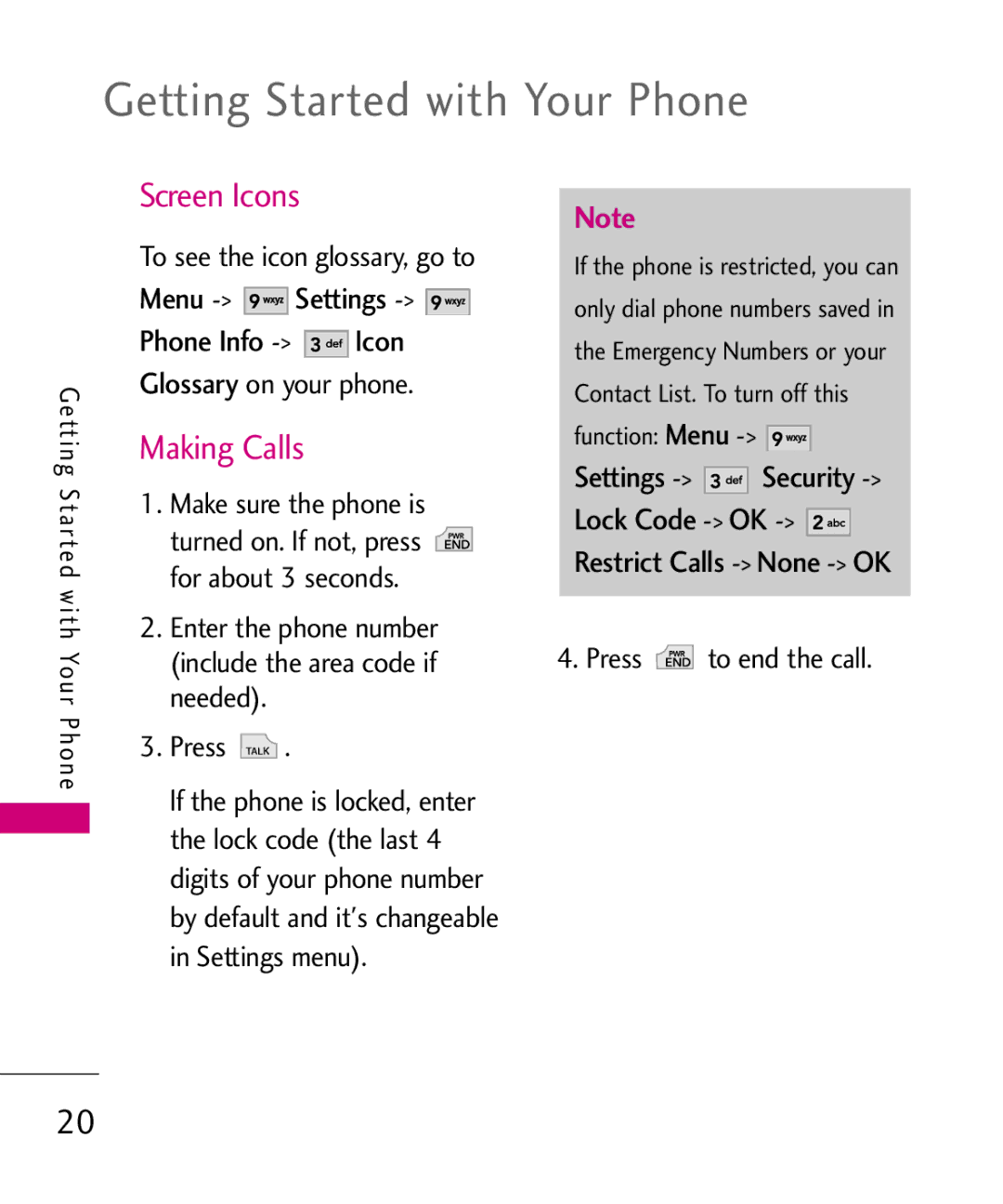 LG Electronics UX565 manual Getting Started with Your Phone, Screen Icons, Making Calls, Settings Security 