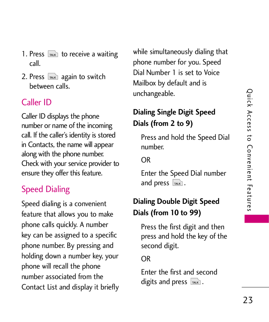 LG Electronics UX565 manual Caller ID, Speed Dialing 