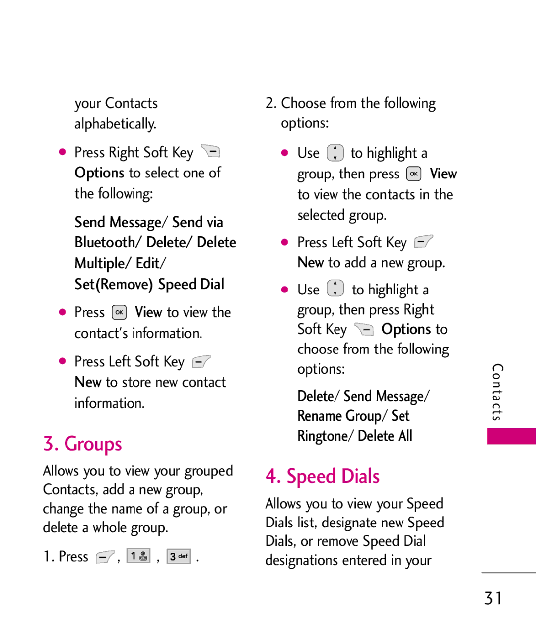 LG Electronics UX565 manual Groups, Speed Dials 