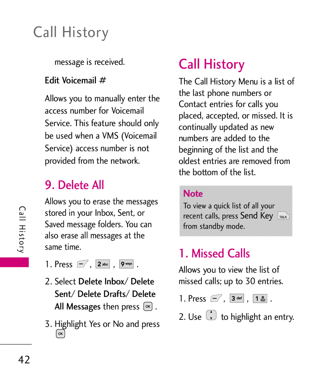 LG Electronics UX565 manual Call History, Delete All, Missed Calls, Edit Voicemail # 