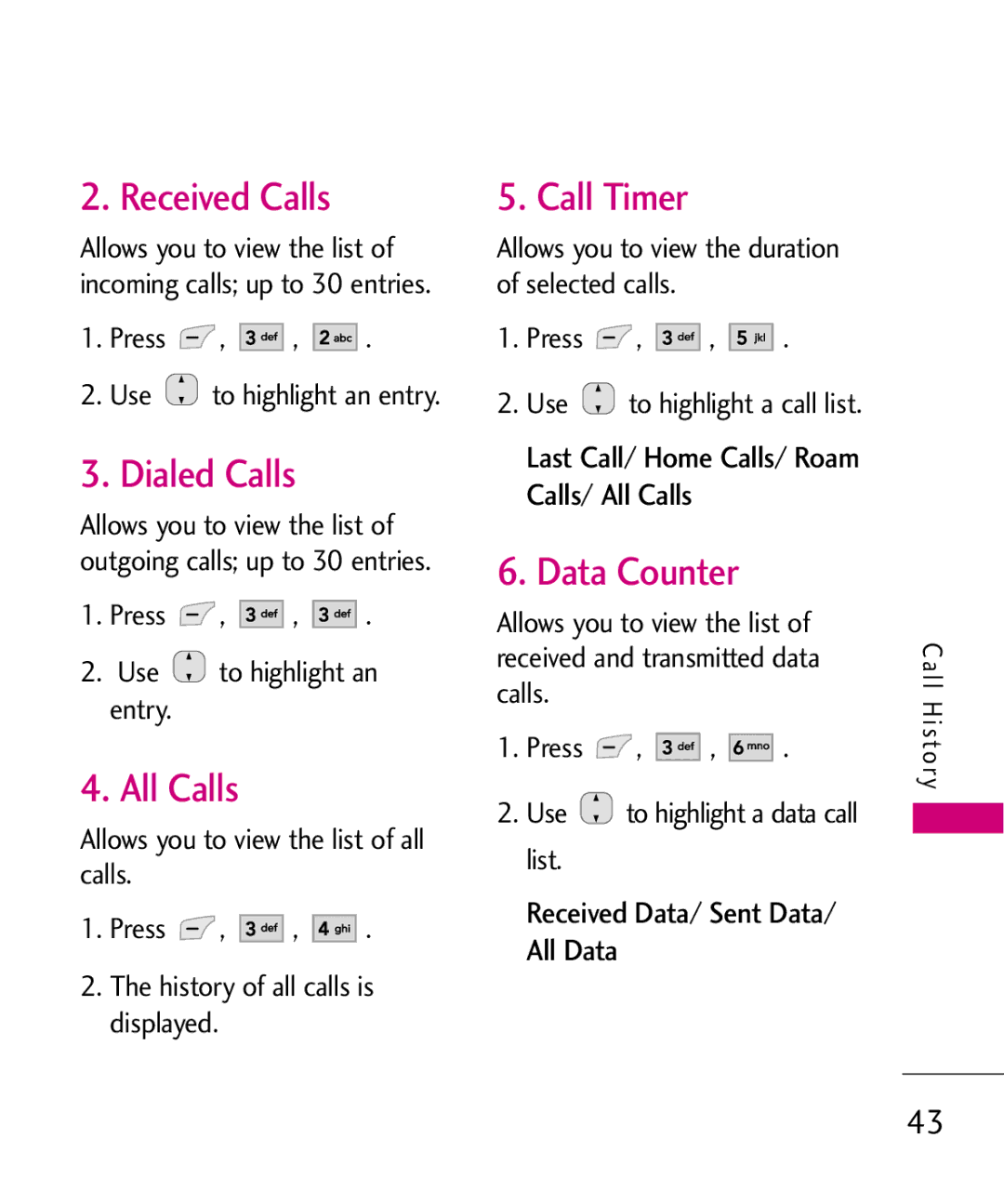 LG Electronics UX565 manual Received Calls, Dialed Calls, All Calls, Call Timer, Data Counter 