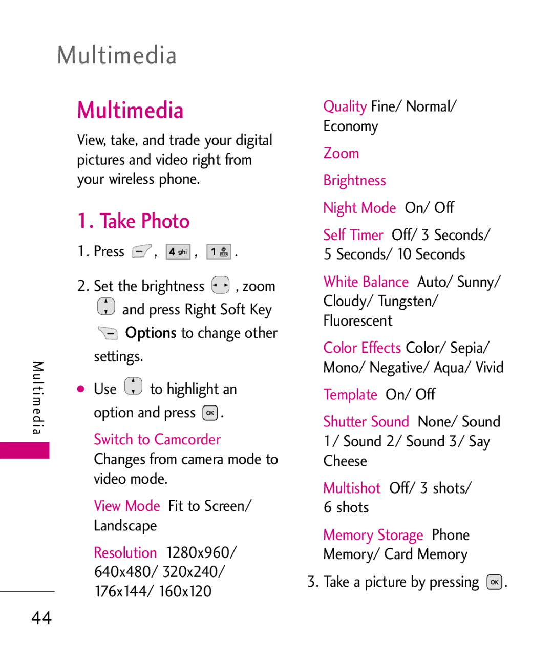 LG Electronics UX565 manual Multimedia, Take Photo 