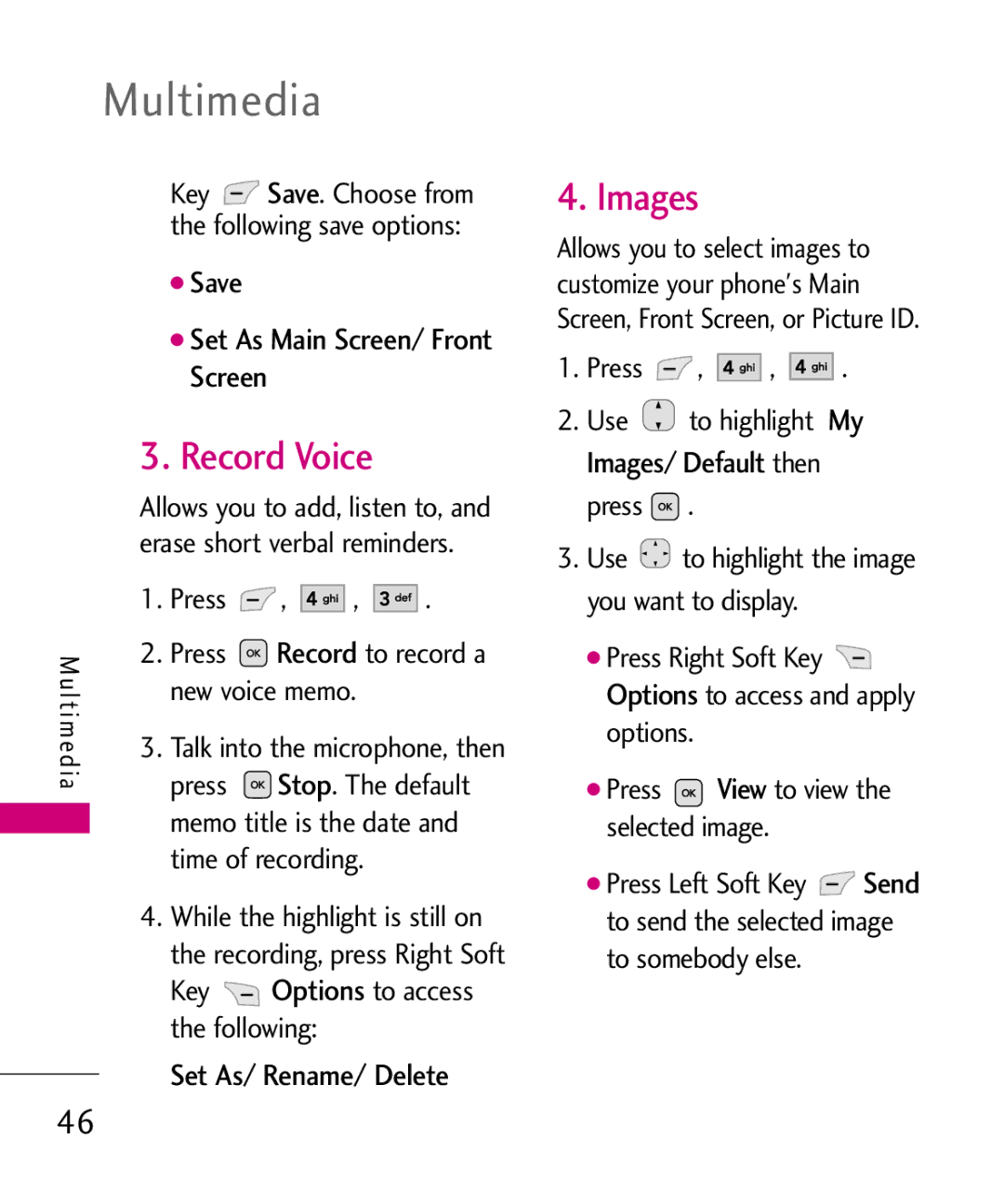 LG Electronics UX565 manual Record Voice, Images, Save Set As Main Screen/ Front Screen, Set As/ Rename/ Delete 