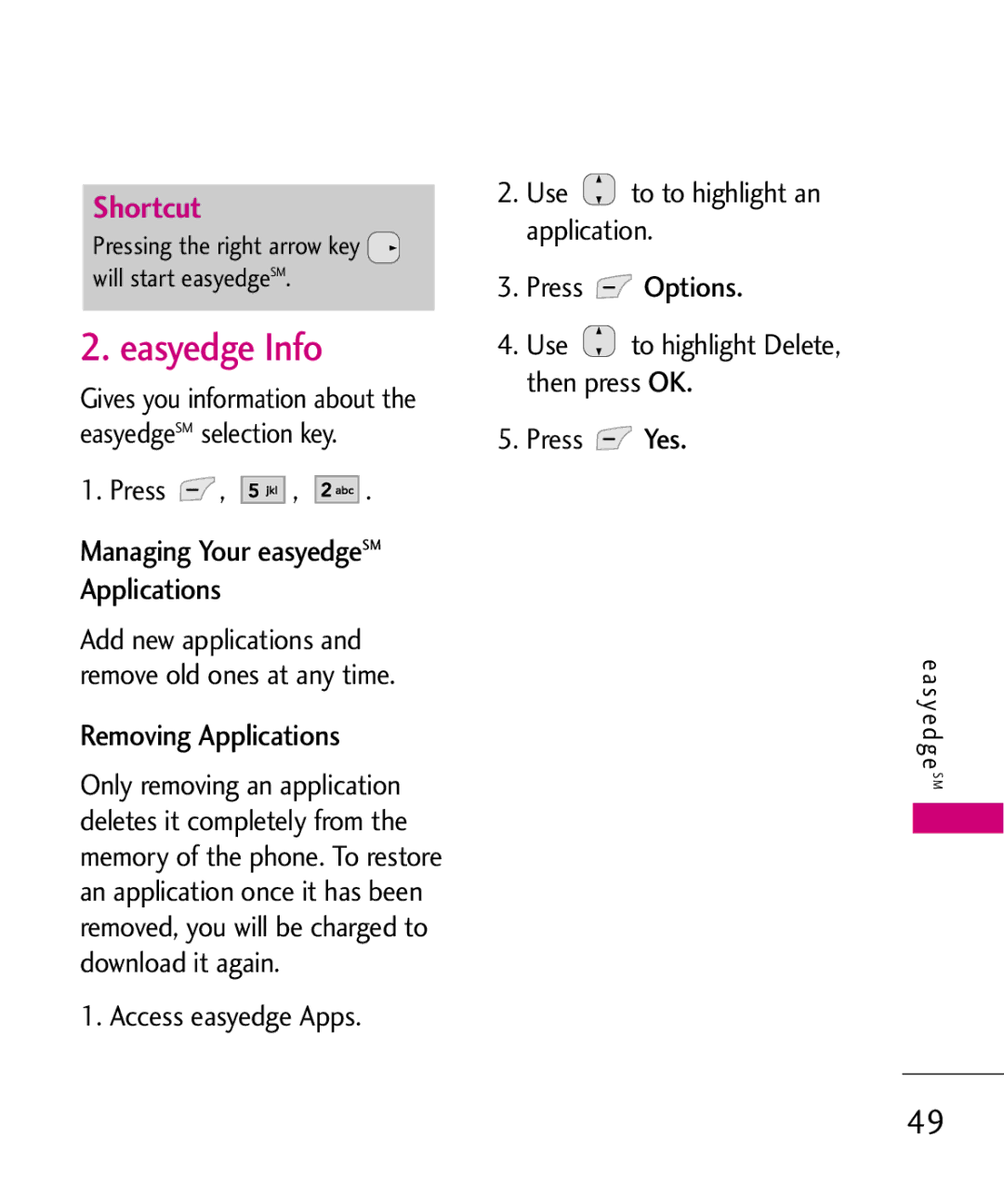 LG Electronics UX565 manual Easyedge Info, Removing Applications, Press Managing Your easyedgeSM Applications 