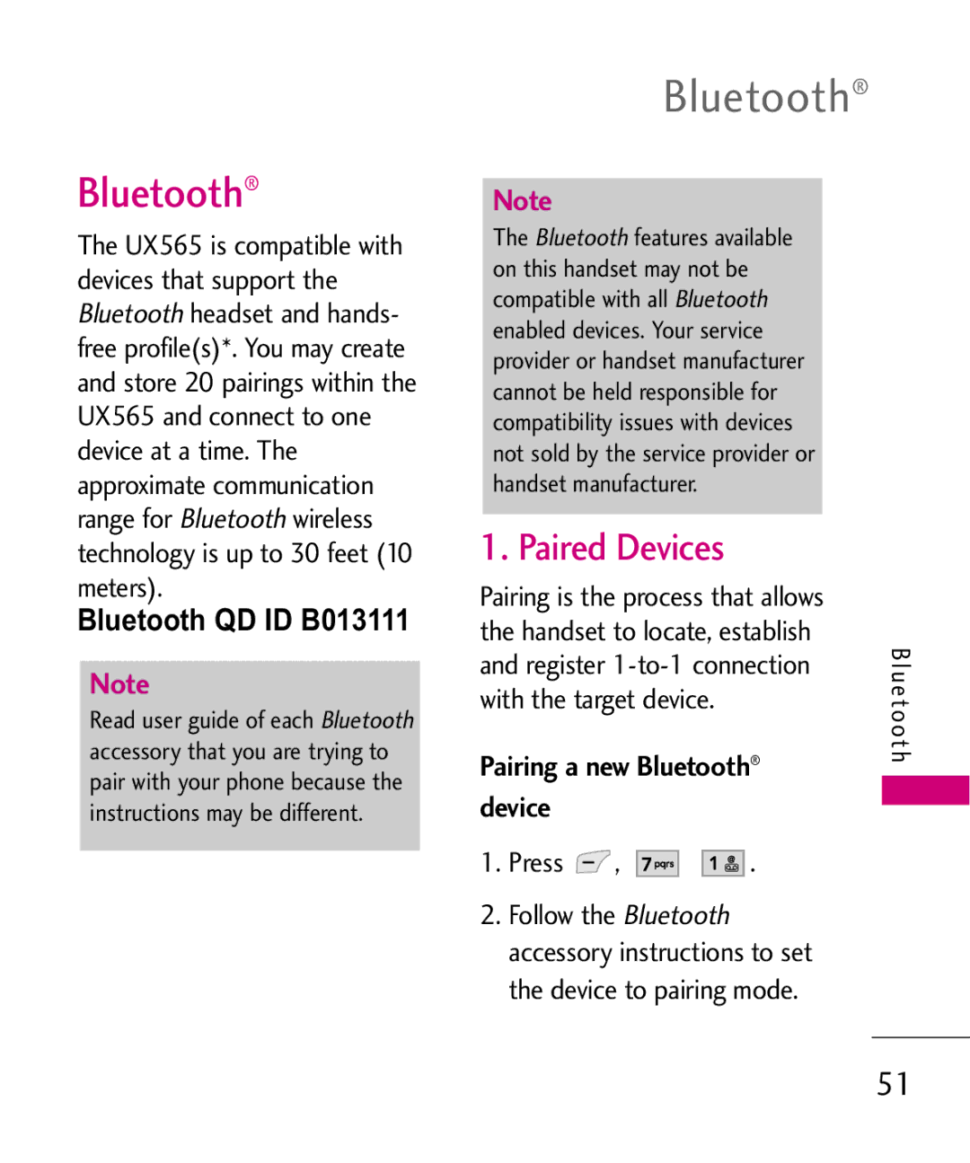 LG Electronics UX565 manual Paired Devices, Bluetooth QD ID B013111, Pairing a new Bluetooth 