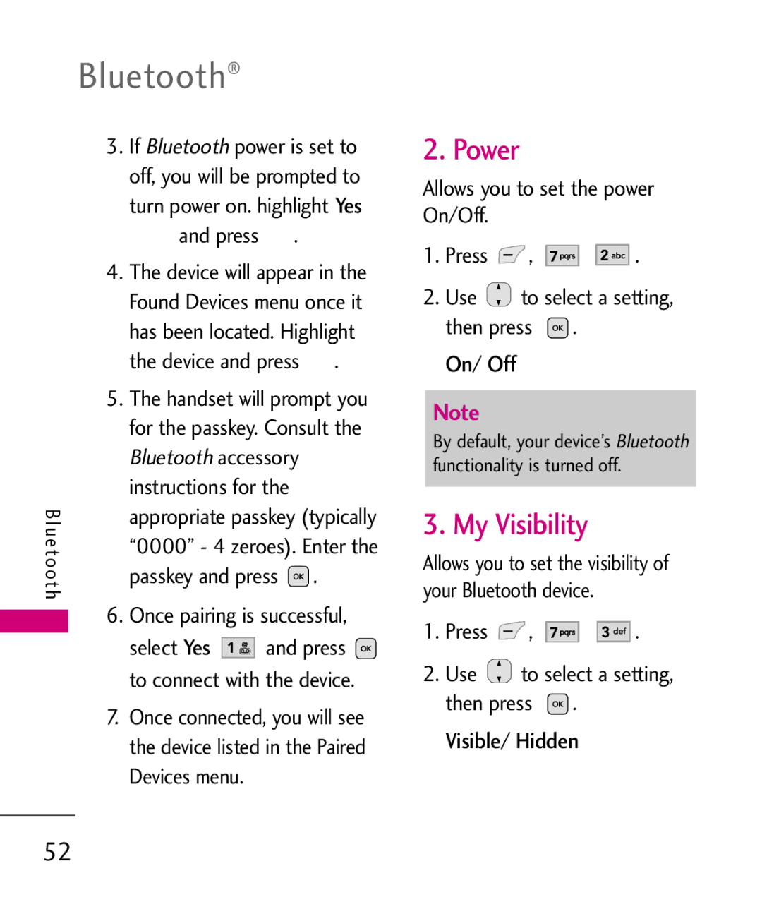 LG Electronics UX565 manual Power, My Visibility, On/ Off, Visible/ Hidden, Press Use to select a setting, then press 