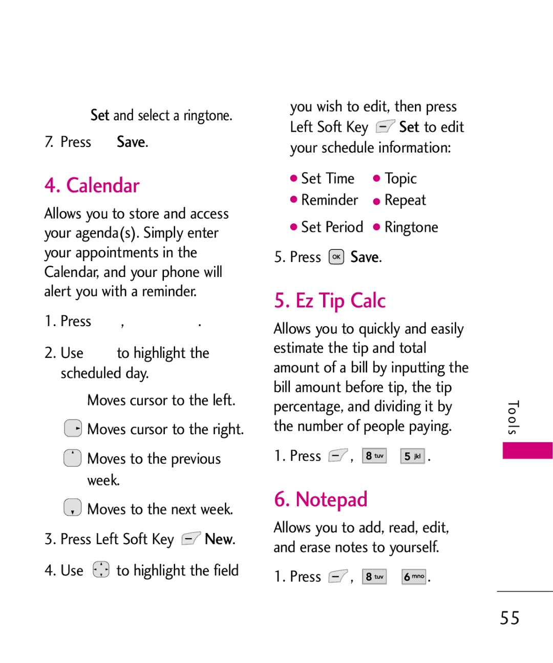 LG Electronics UX565 manual Calendar, Ez Tip Calc 