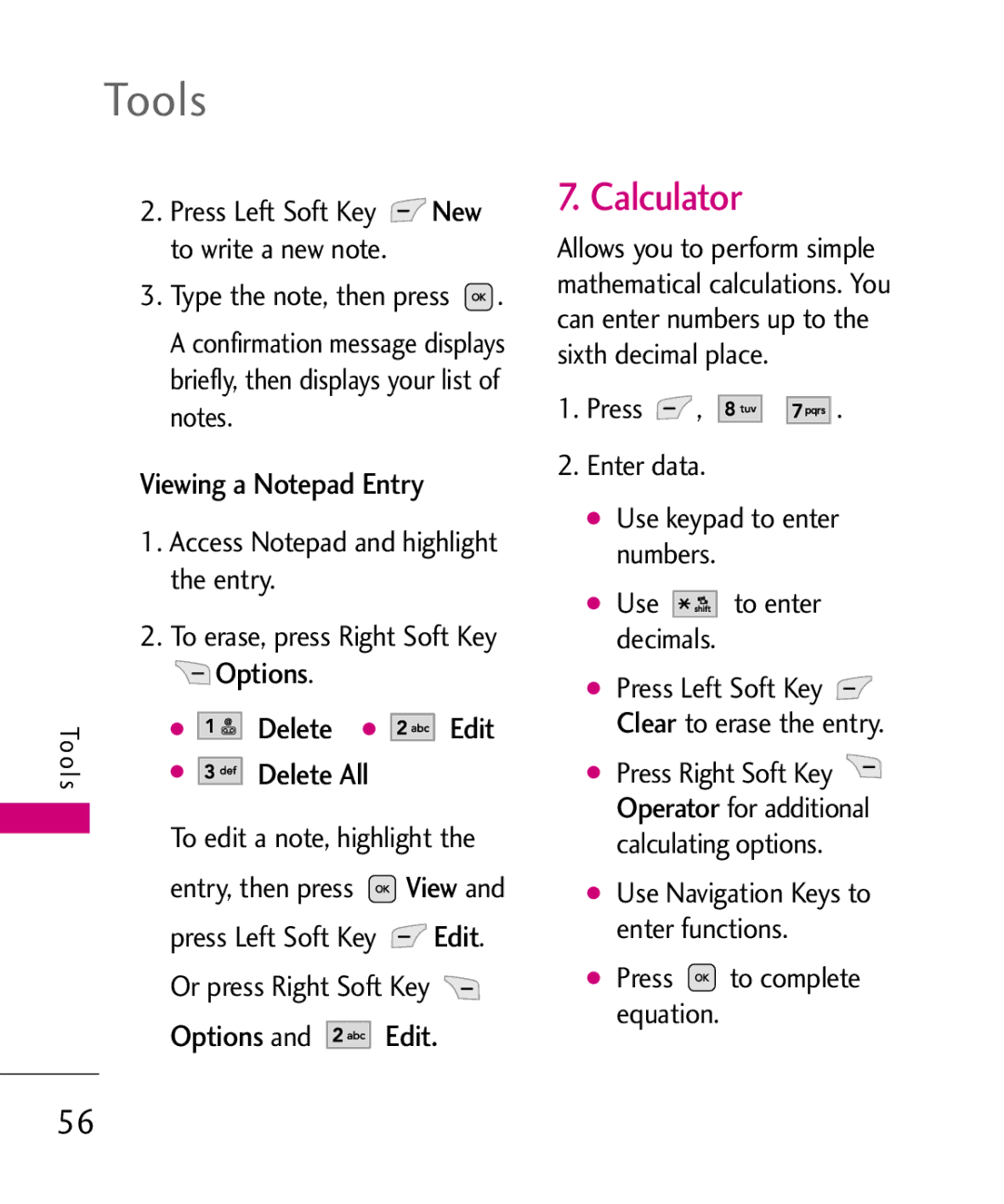 LG Electronics UX565 manual Calculator, Viewing a Notepad Entry, Options Delete Edit, Options and Edit 