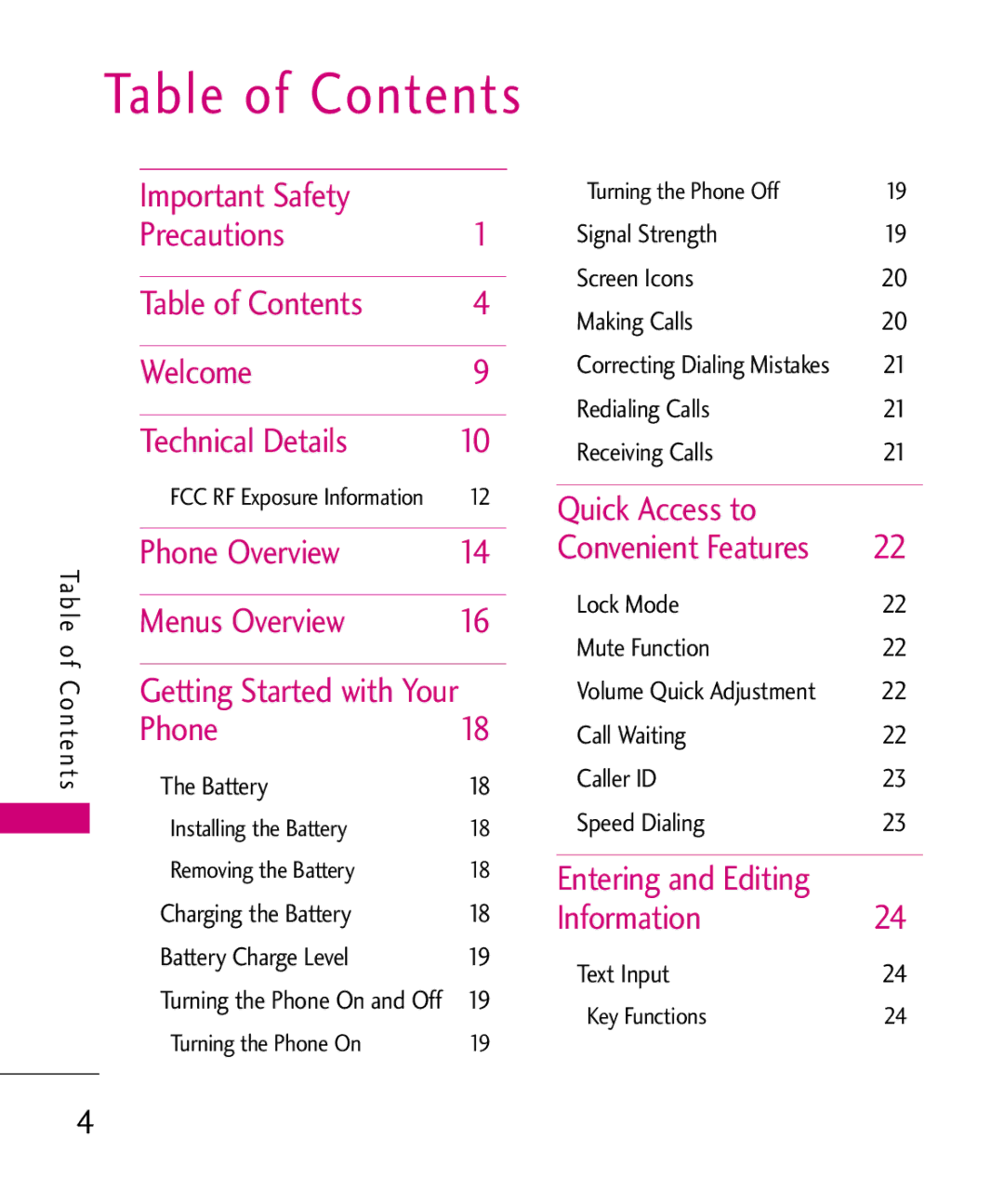 LG Electronics UX565 manual Table of Contents 