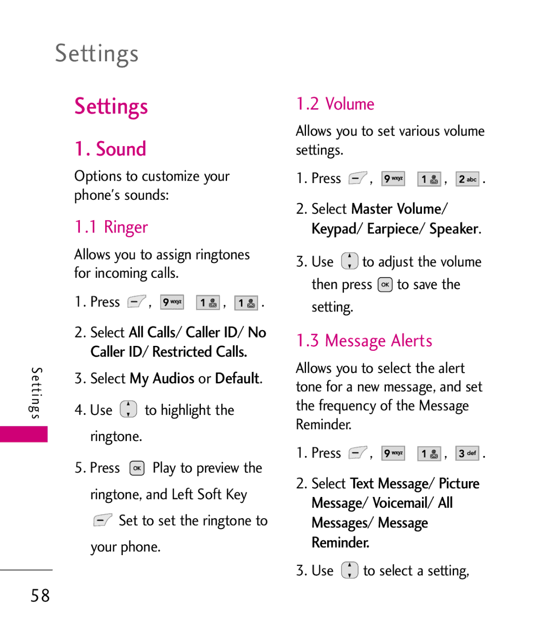 LG Electronics UX565 manual Settings, Sound, Ringer, Volume, Message Alerts 