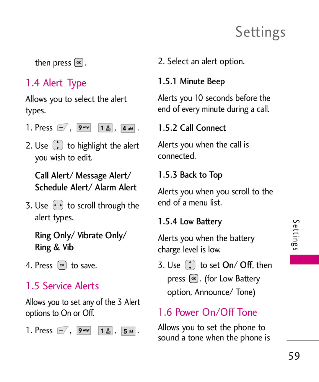 LG Electronics UX565 manual Alert Type, Service Alerts, Power On/Off Tone, Ring Only/ Vibrate Only/ Ring & Vib 