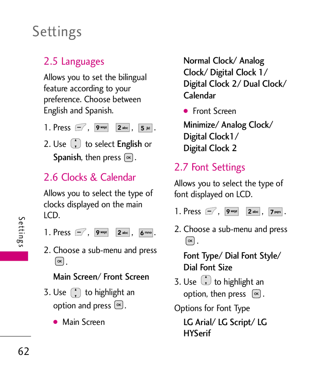 LG Electronics UX565 manual Languages, Clocks & Calendar, Font Settings 