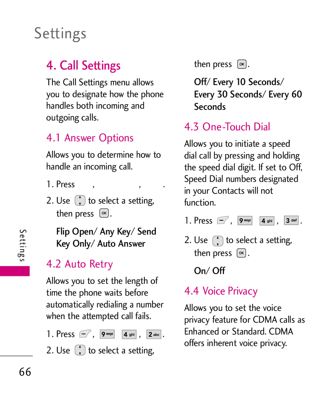 LG Electronics UX565 manual Call Settings, Answer Options, Auto Retry, One-Touch Dial, Voice Privacy 