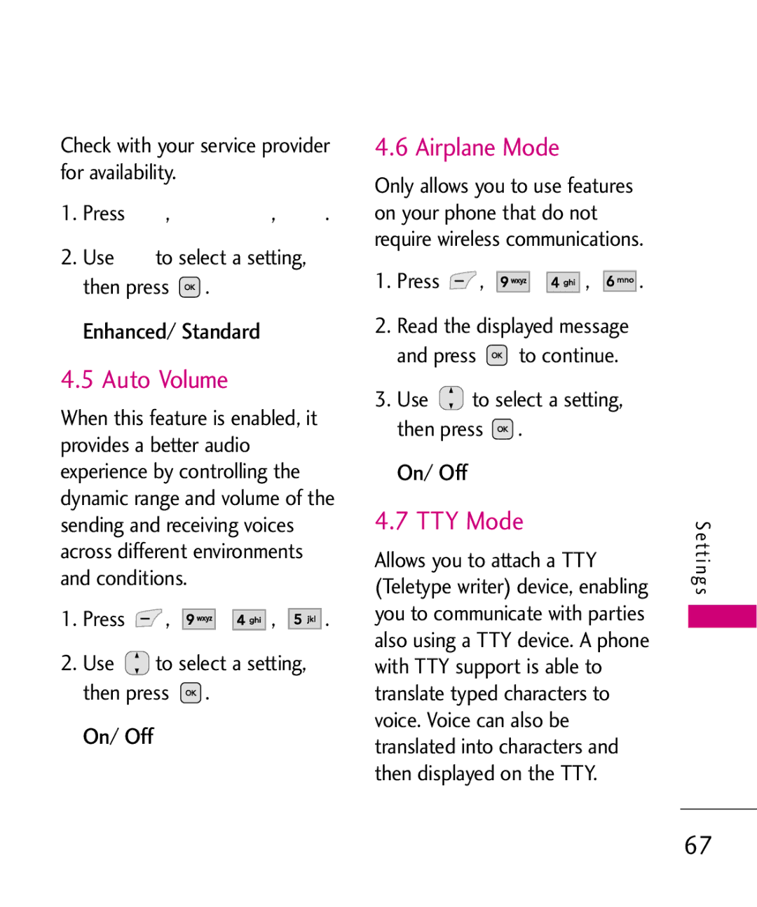 LG Electronics UX565 manual Auto Volume, Airplane Mode, TTY Mode, Enhanced/ Standard 