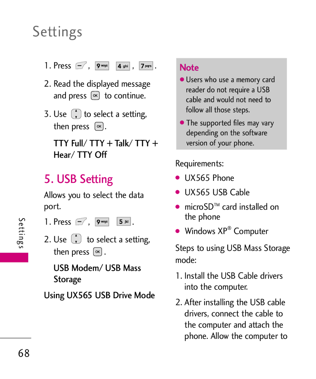 LG Electronics UX565 manual USB Setting, TTY Full/ TTY + Talk/ TTY + Hear/ TTY Off, USB Modem/ USB Mass Storage 