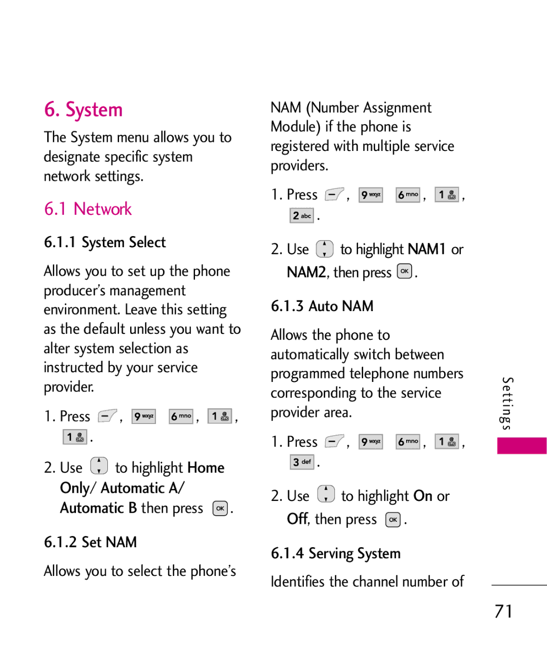 LG Electronics UX565 manual Network, System Select, Set NAM, Use to highlight NAM1 or NAM2, then press Auto NAM 