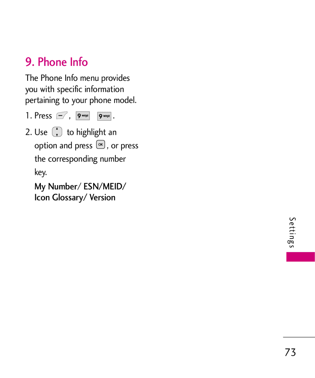 LG Electronics UX565 manual Phone Info, My Number/ ESN/MEID Icon Glossary/ Version 