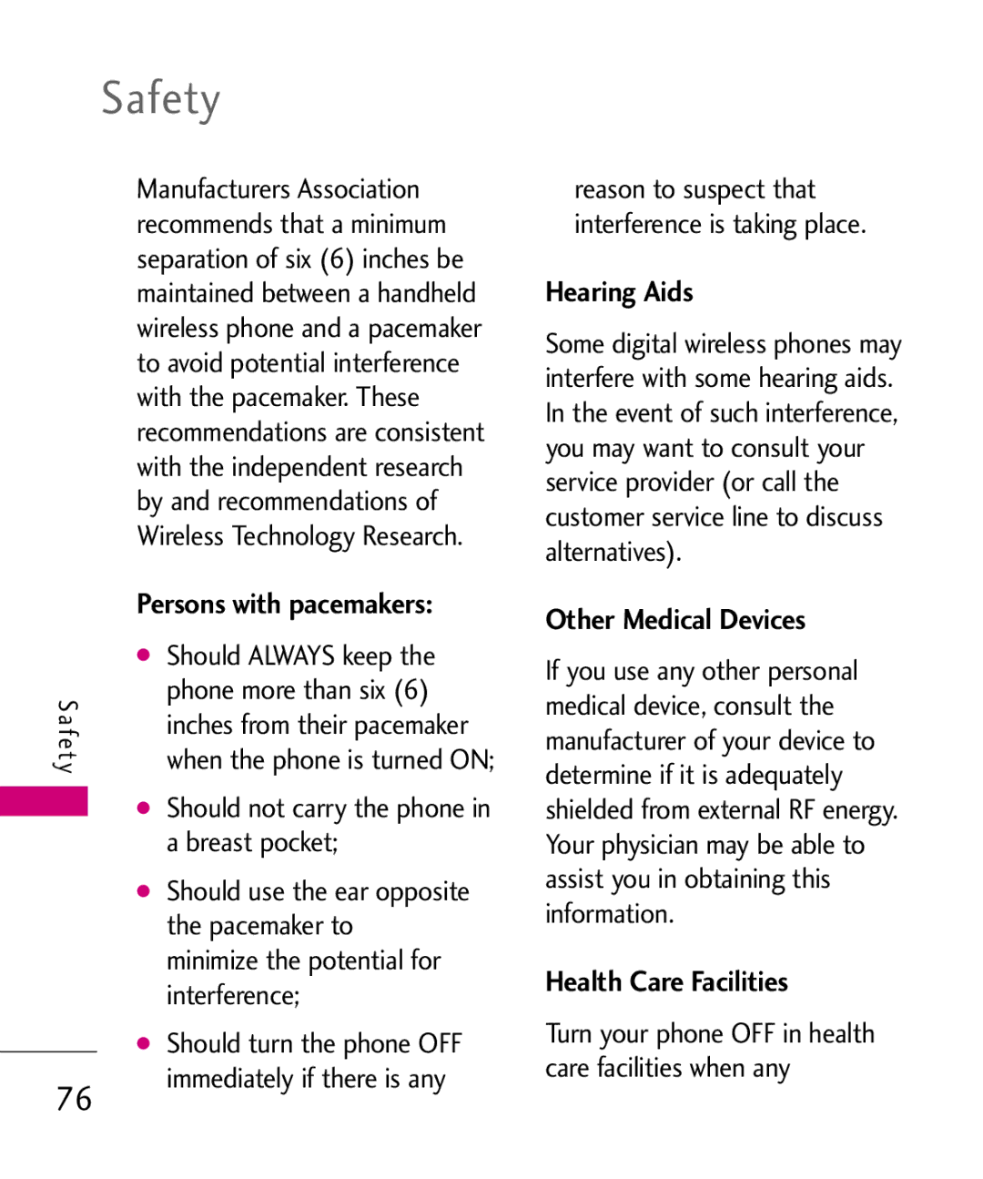 LG Electronics UX565 manual Safety, Persons with pacemakers, Hearing Aids, Other Medical Devices, Health Care Facilities 