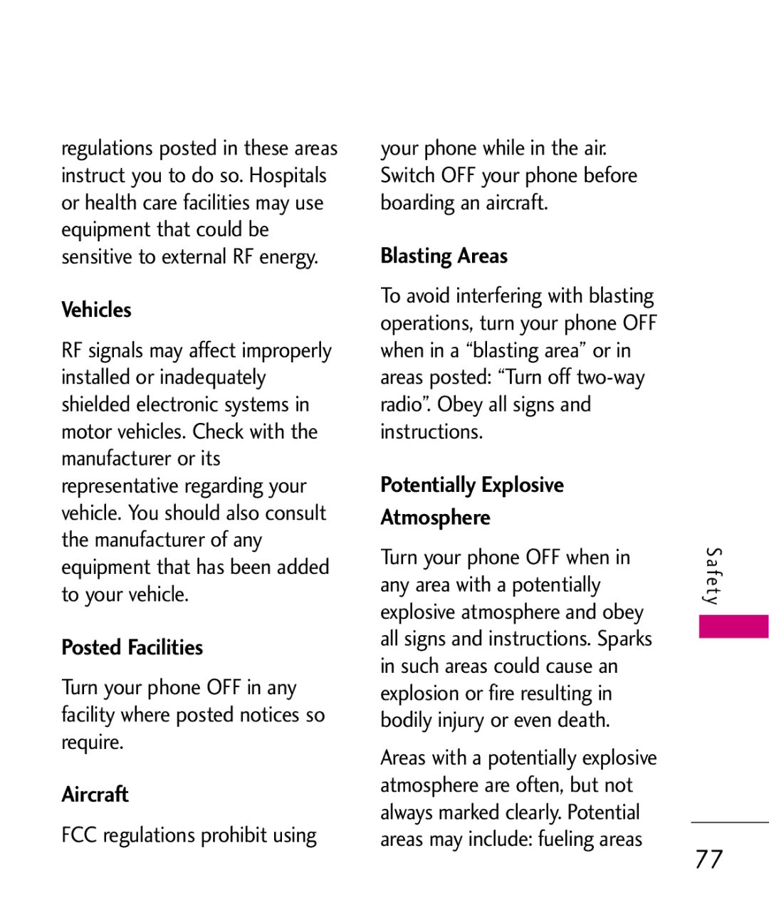 LG Electronics UX565 manual Vehicles, Posted Facilities, Aircraft, Blasting Areas, Potentially Explosive Atmosphere 