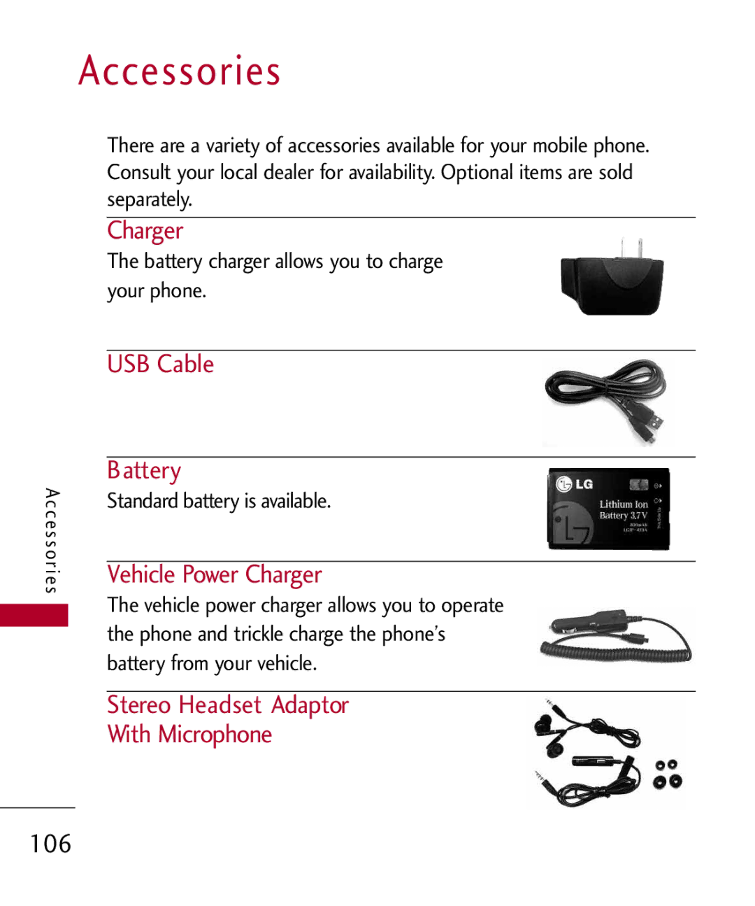 LG Electronics UX585, MMBB0309701 Accessories, USB Cable Battery, Vehicle Power Charger, Standard battery is available 