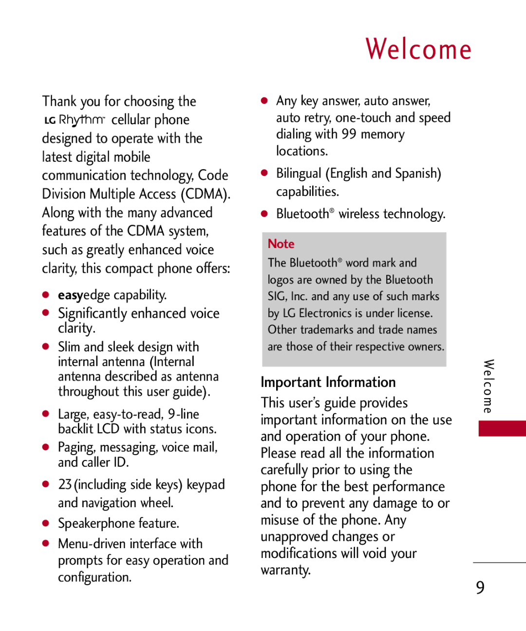 LG Electronics MMBB0309701, UX585 manual Welcome, Important Information 