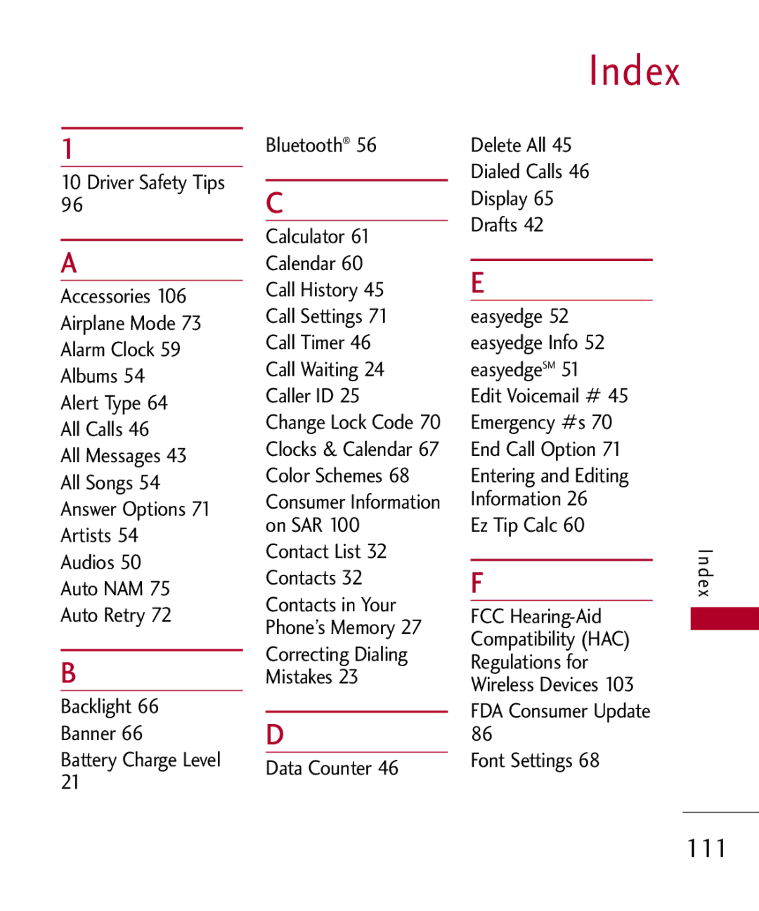 LG Electronics MMBB0309701 Index, Delete All Dialed Calls Display Drafts, FCC Hearing-Aid, Regulations for, Font Settings 