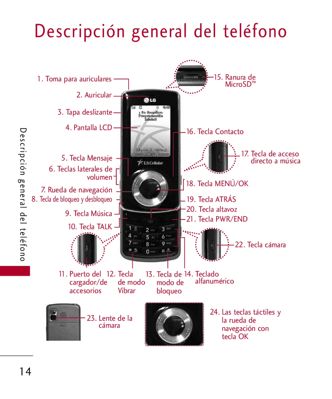 LG Electronics MMBB0309701, UX585 manual Descripción general del teléfono, Accesorios Vibrar Bloqueo Lente de la cámara 