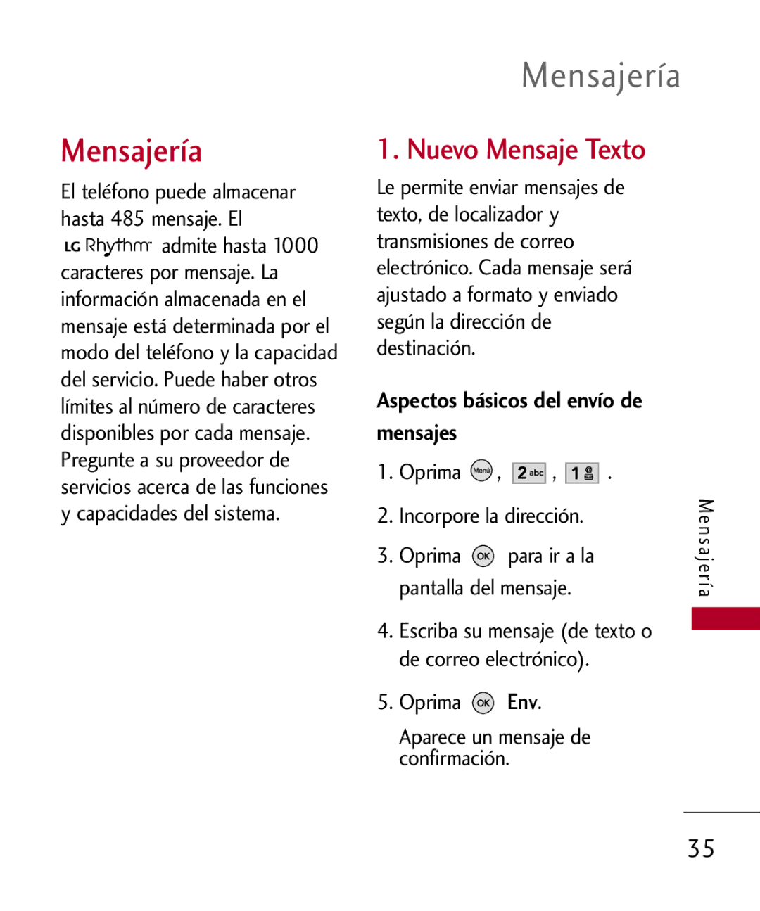 LG Electronics UX585, MMBB0309701 manual Mensajería, Nuevo Mensaje Texto, Aspectos básicos del envío de mensajes 