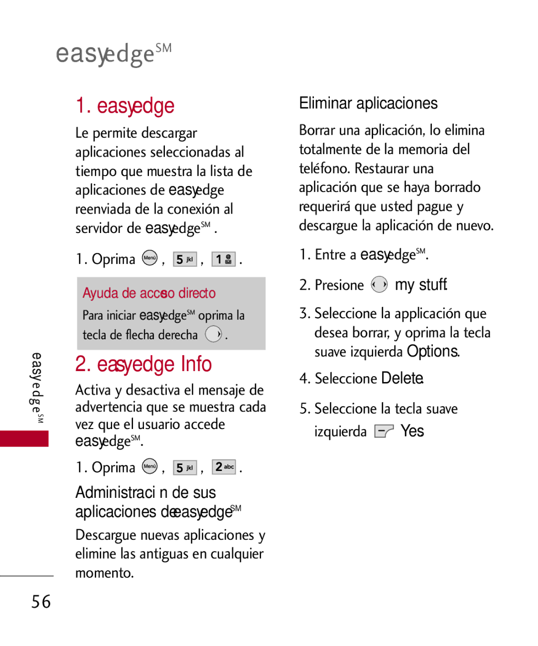 LG Electronics MMBB0309701, UX585 manual Aplicaciones de, Easy, Eliminar aplicaciones, Edge, Seleccione Delete 