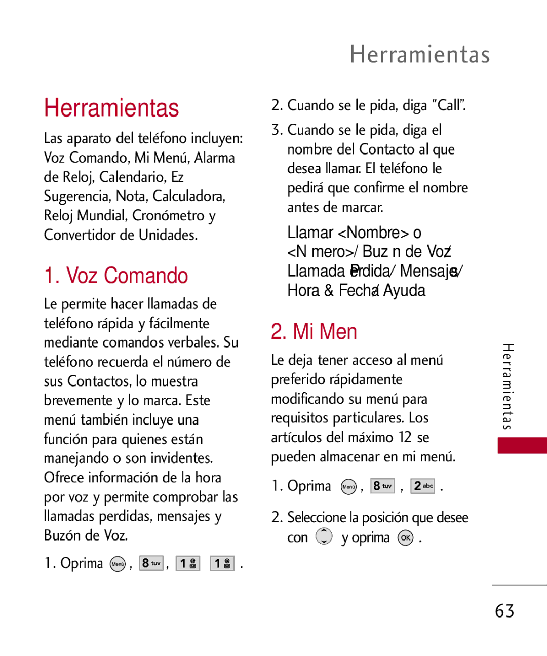 LG Electronics UX585, MMBB0309701 manual Herramientas, Voz Comando, Mi Menú, Hora & Fecha/ Ayuda 