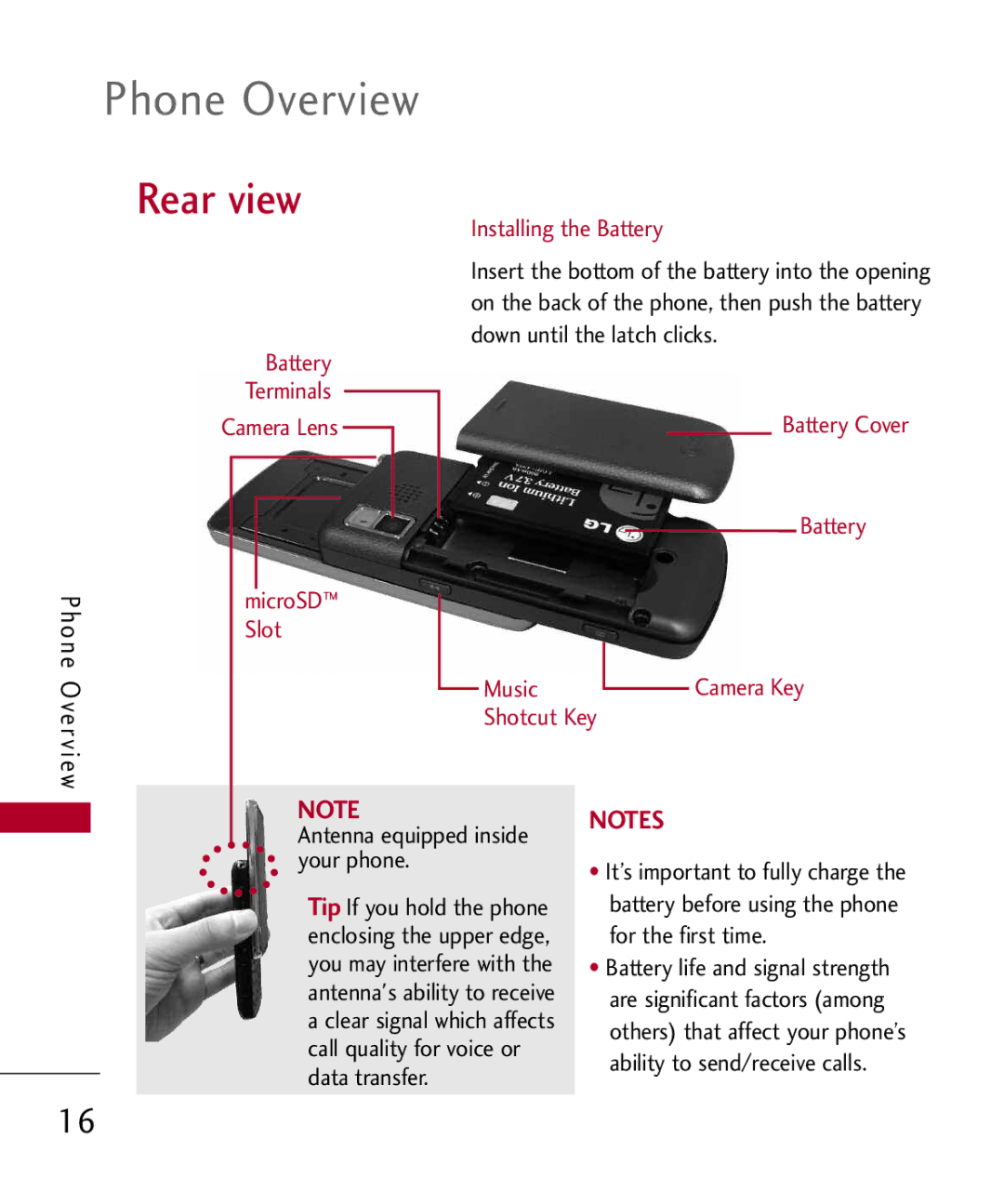 LG Electronics UX585, MMBB0309701 manual Phone Overview, Rear view, Antenna equipped inside your phone 