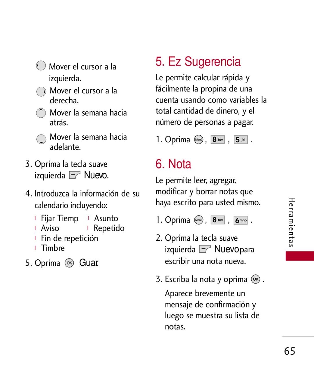 LG Electronics UX585, MMBB0309701 manual Nota, Fin de repetición Timbre Oprima Guar 