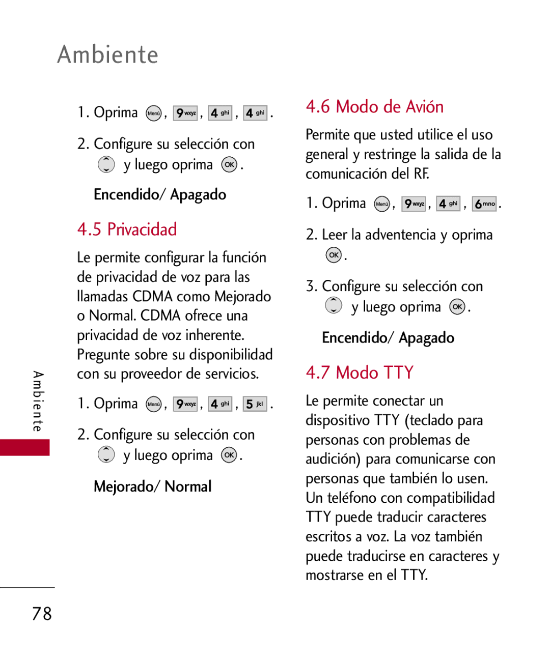 LG Electronics MMBB0309701, UX585 manual Privacidad, Modo de Avión, Modo TTY, Encendido Apagado, Mejorado/ Normal 