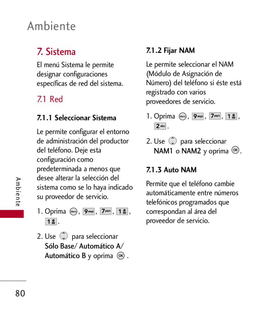 LG Electronics MMBB0309701, UX585 manual Red, Fijar NAM, Del teléfono. Deje esta Configuración como 