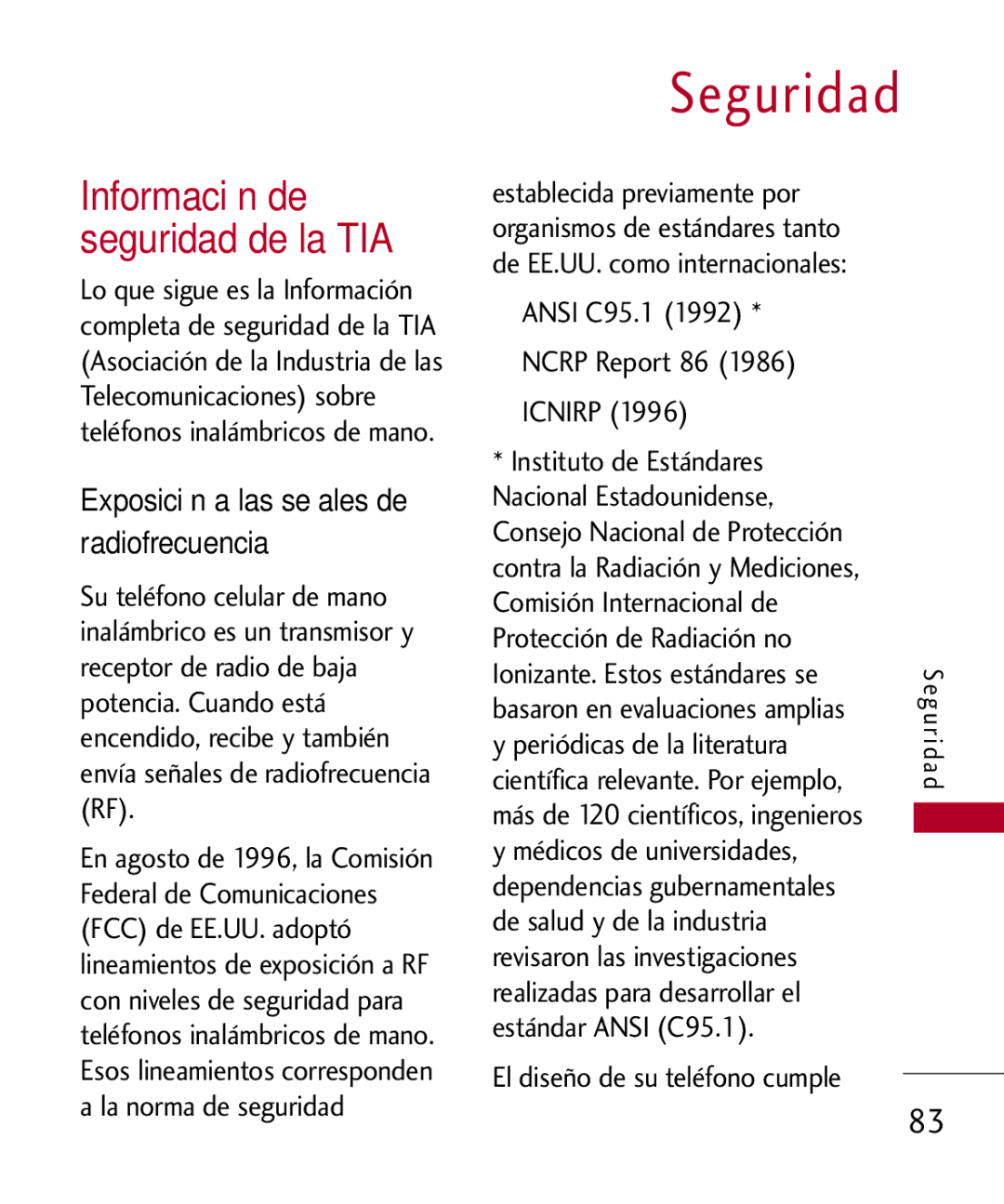 LG Electronics UX585 Seguridad, Información de seguridad de la TIA, Comisión Internacional de Protección de Radiación no 