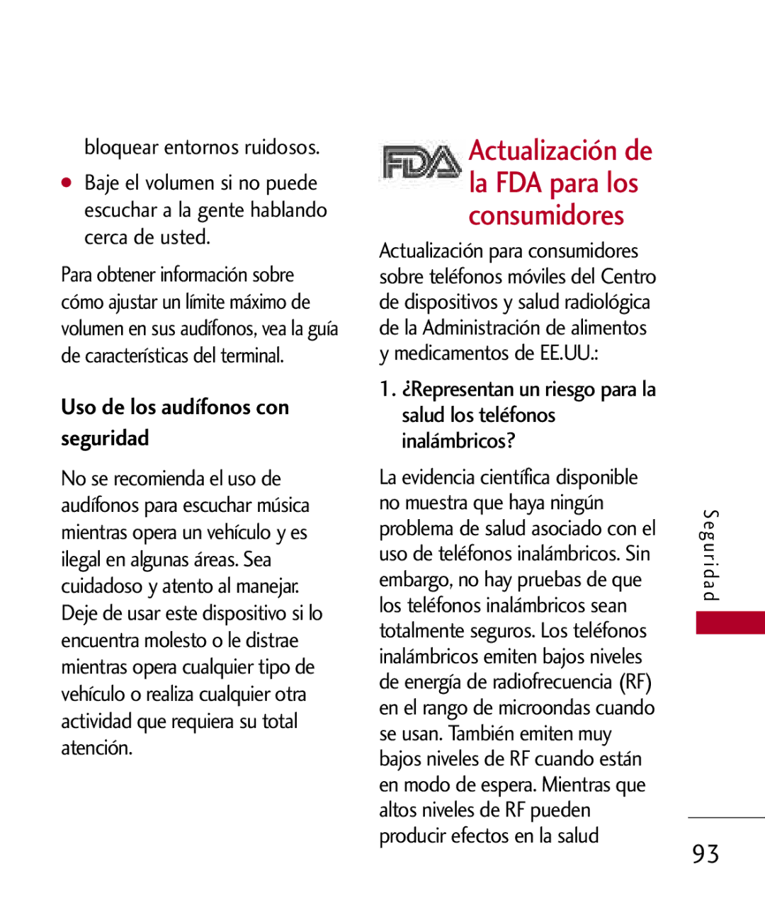 LG Electronics UX585, MMBB0309701 manual Actualización de la FDA para los consumidores, Bloquear entornos ruidosos 