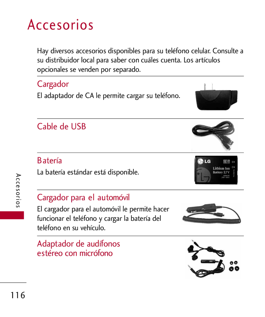 LG Electronics MMBB0309701, UX585 manual Accesorios, Cable de USB Batería, Cargador para el automóvil 