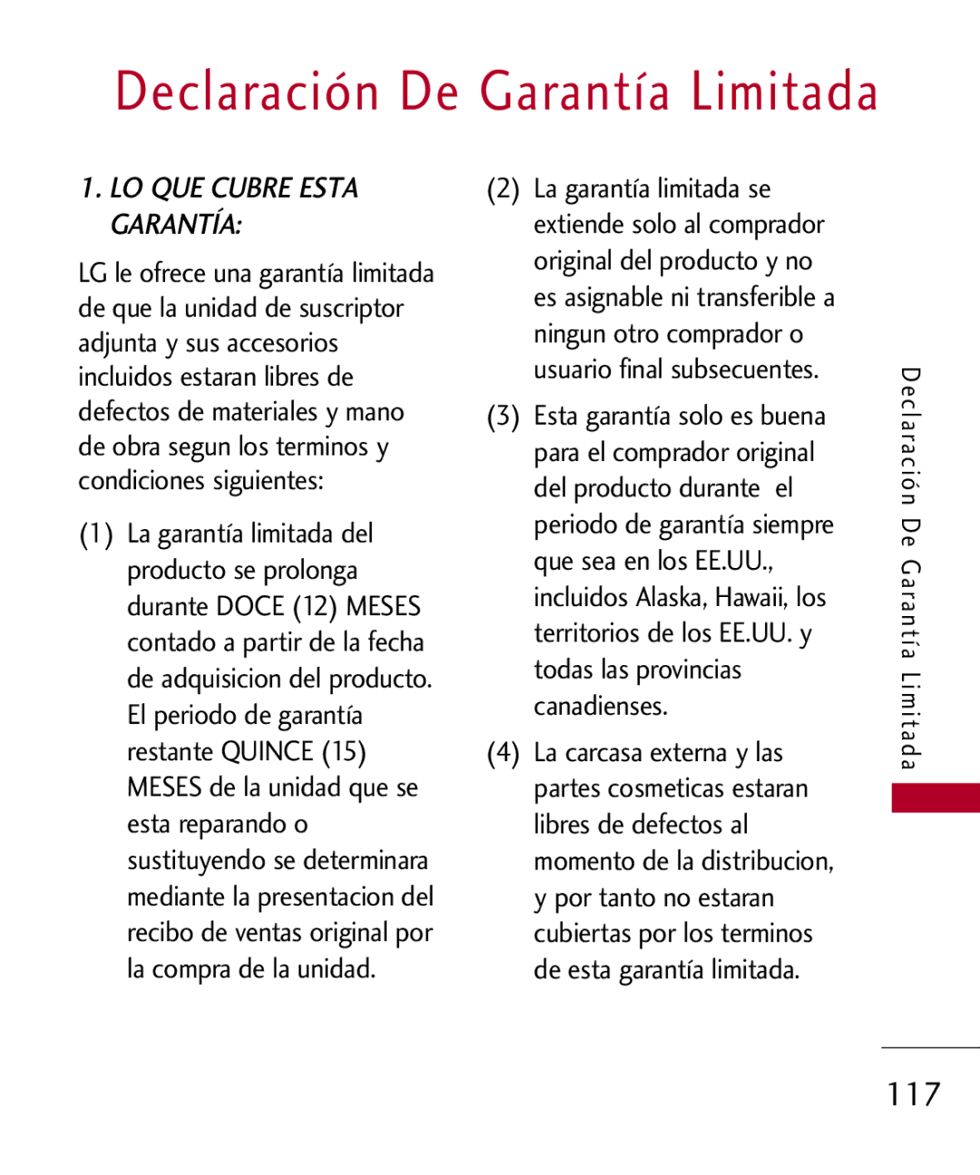 LG Electronics UX585, MMBB0309701 manual Declaración De Garantía Limitada 