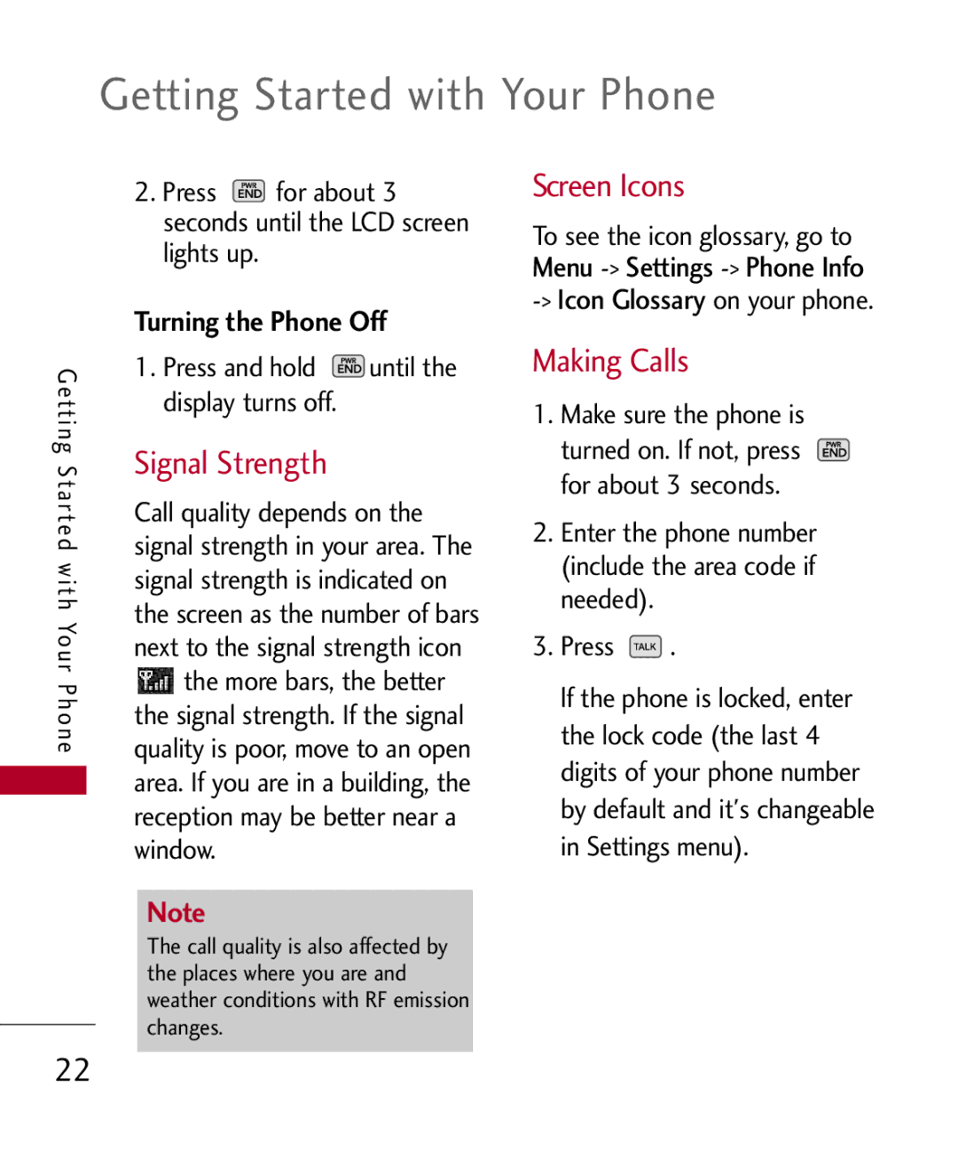 LG Electronics UX585 Getting Started with Your Phone, Signal Strength, Screen Icons, Making Calls, Turning the Phone Off 