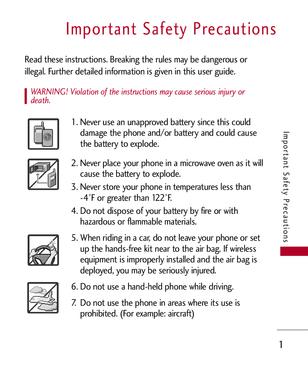 LG Electronics MMBB0309701, UX585 manual Important Safety Precautions, Do not use a hand-held phone while driving 