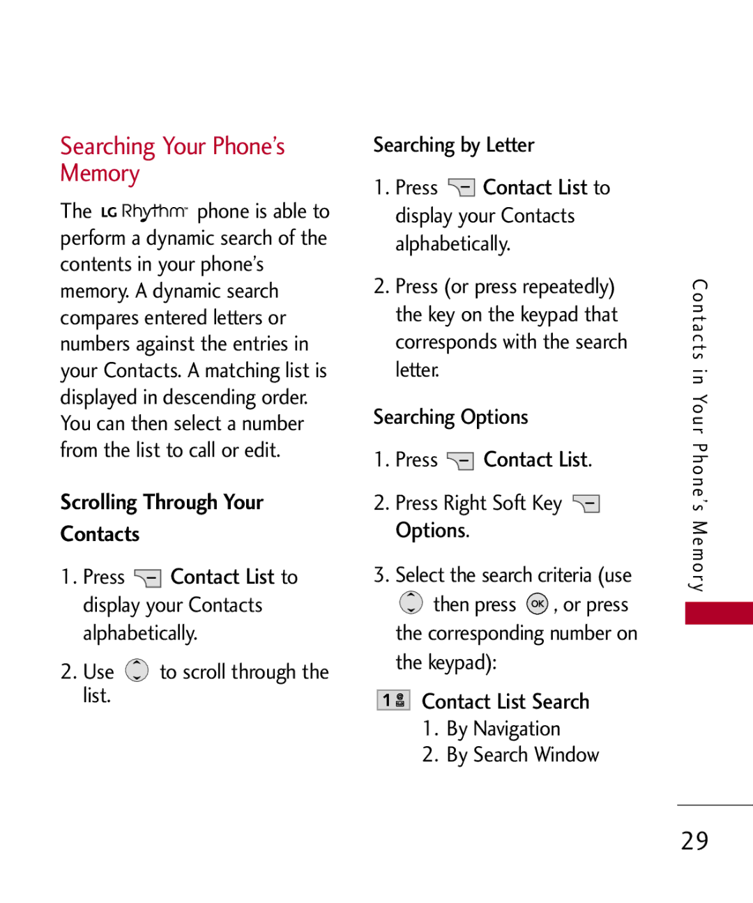 LG Electronics MMBB0309701 Searching Your Phone’s Memory, Scrolling Through Your Contacts, Press Contact List, Options 