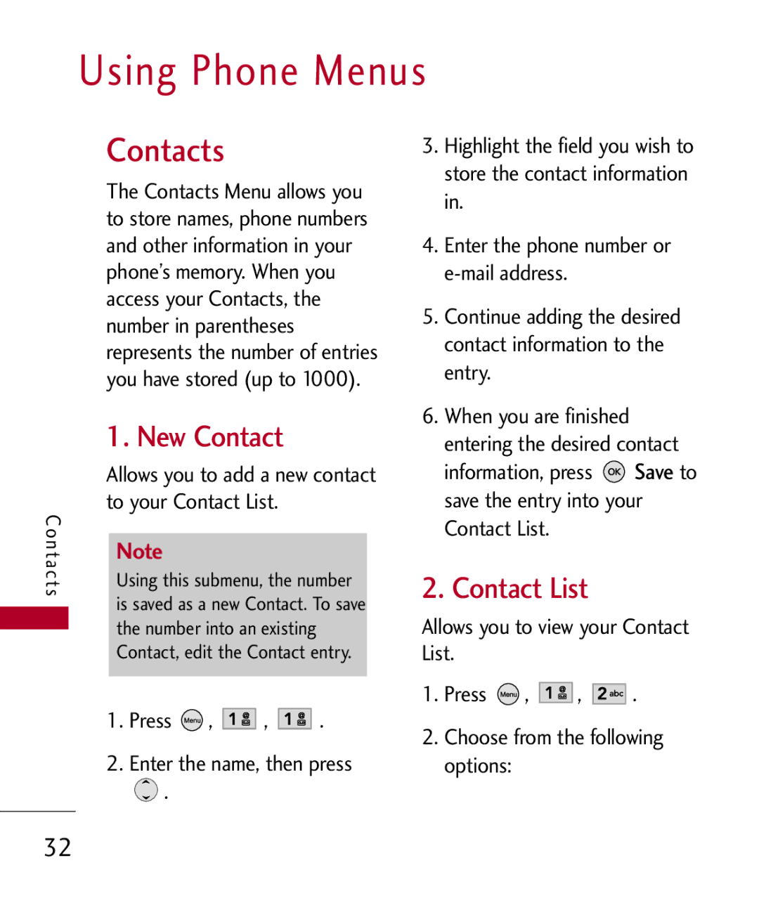 LG Electronics UX585, MMBB0309701 manual Using Phone Menus, Contacts, New Contact, Contact List 