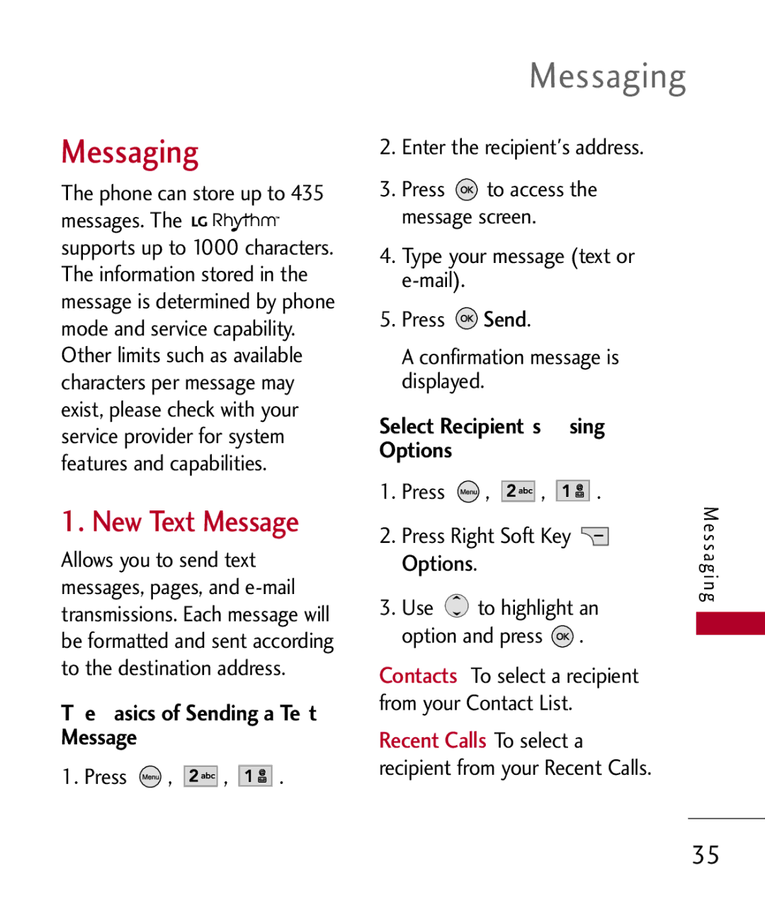 LG Electronics MMBB0309701 Messaging, New Text Message, Basics of Sending a Text Message, Select Recipients Using Options 